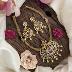 Vriksham Premium Dual Peacock AD Stone Short Neckpiece-Red-G15915