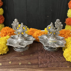 Vriksham Oxidized German Silver Traditional Small Diya Set-RG248
