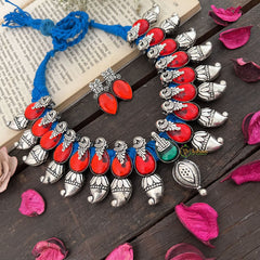 Vriksham Royal Red Peacock Manga Style With Blue Thread & Oxidized Silver Neckpiece-S955