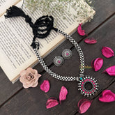Vriksham Oxidized Silve With Pink Stone Sunburst Pendant Neckpiece-Red-S938
