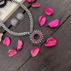 Vriksham Oxidized Silve With Pink Stone Sunburst Pendant Neckpiece-Red-S938