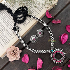 Vriksham Oxidized Silve With Pink Stone Sunburst Pendant Neckpiece-Red-S938