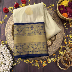 Vriksham Ivory With Blue-Gold Zari Peacock Vangi Kanchi Silk Saree-VS4764