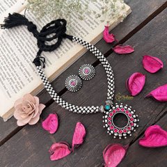 Vriksham Oxidized Silve With Pink Stone Sunburst Pendant Neckpiece-Red-S938