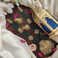 Vriksham Lakshmi Pendant Green Beaded Mala Jadau Long Neckpiece-Gold Bead-J2995