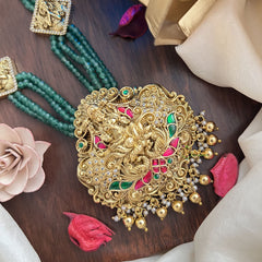 Vriksham Lakshmi Pendant Green Beaded Mala Jadau Long Neckpiece-Gold Bead-J2995