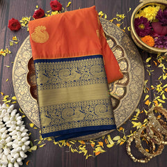 Vriksham Vibrant Orange Saree with Gold Butta & Veldhaari Zari Border Kanchi Silk Saree-VS4767