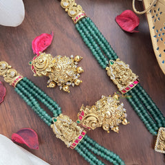 Vriksham Lakshmi Pendant Green Beaded Mala Jadau Long Neckpiece-Gold Bead-J2995