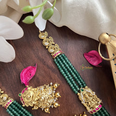 Vriksham Lakshmi Pendant Green Beaded Mala Jadau Long Neckpiece-Gold Bead-J2995
