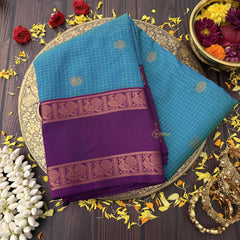 Vriksham Turquoise Blue Podi kattam With Purple Zari Retta Pattu Kanchi Silk Saree-VS4751