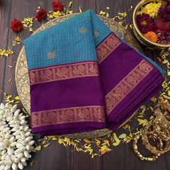 Vriksham Turquoise Blue Podi kattam With Purple Zari Retta Pattu Kanchi Silk Saree-VS4751