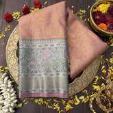 Vriksham Soft Peach Silver Zari Mixed Minakari Work With Pastel Floral Zari Border Kanchi Silk Saree-VS4746