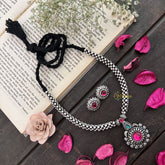 Premium Kolhapuri Floral Pendant Neckpiece-Black Braided Rope-Red Green-S958