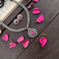 Premium Kolhapuri Floral Pendant Neckpiece-Black Braided Rope-Red Green-S958