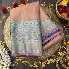 Vriksham Soft Peach Silver Zari Mixed Minakari Work With Pastel Floral Zari Border Kanchi Silk Saree-VS4746