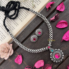 Premium Kolhapuri Floral Pendant Neckpiece-Black Braided Rope-Red Green-S958