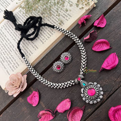 Premium Kolhapuri Floral Pendant Neckpiece-Black Braided Rope-Red Green-S958