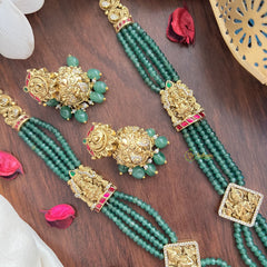 Vriksham Lakshmi Pendant Green Beaded Mala Jadau Long Neckpiece-Green Bead-J2996