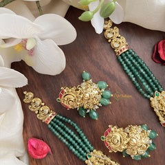 Vriksham Lakshmi Pendant Green Beaded Mala Jadau Long Neckpiece-Green Bead-J2996