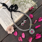 Vriksham Floral Bloom Oxidized Silver & Black Beaded Neckpiece-Red-S941