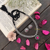 Vriksham Elegant Oxidized Silver Beaded Necklace with Pink Stone Pendant Neckpiece-Red-S940