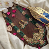 Vriksham Lakshmi Pendant Green Beaded Mala Jadau Long Neckpiece-Green Bead-J2997