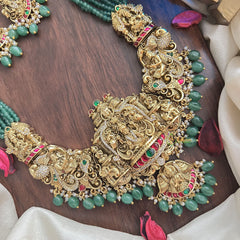Vriksham Lakshmi Pendant Green Beaded Mala Jadau Long Neckpiece-Green Bead-J2997