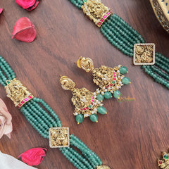 Vriksham Lakshmi Pendant Green Beaded Mala Jadau Long Neckpiece-Green Bead-J2997