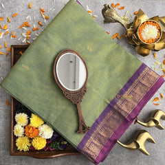Double shaded Parrot Green Kanchi Cotton Saree with Golden Border - Handloom - VS3683