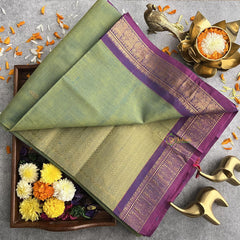 Double shaded Parrot Green Kanchi Cotton Saree with Golden Border - Handloom - VS3683