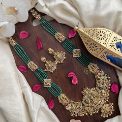 Vriksham Lakshmi Pendant Green Beaded Mala Jadau Long Neckpiece-Gold Bead-J2998