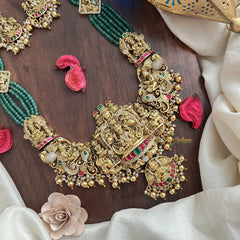 Vriksham Lakshmi Pendant Green Beaded Mala Jadau Long Neckpiece-Gold Bead-J2998