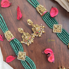 Vriksham Lakshmi Pendant Green Beaded Mala Jadau Long Neckpiece-Gold Bead-J2998