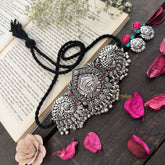 Vriksham Royal Lakshmi Temple Choker in Oxidized Silver & Black Beaded Neckpiece-Red Green-S942