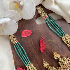 Vriksham Lakshmi Pendant Green Beaded Mala Jadau Long Neckpiece-Gold Bead-J2998