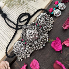 Vriksham Royal Lakshmi Temple Choker in Oxidized Silver & Black Beaded Neckpiece-Red Green-S942