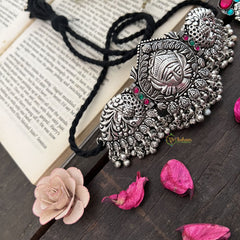 Vriksham Royal Lakshmi Temple Choker in Oxidized Silver & Black Beaded Neckpiece-Red Green-S942