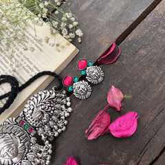 Vriksham Royal Lakshmi Temple Choker in Oxidized Silver & Black Beaded Neckpiece-Red Green-S942