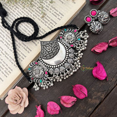 Vriksham Designer Silver Look Alike Dual Peacock Choker Oxidized Silver Neckpiece-S956