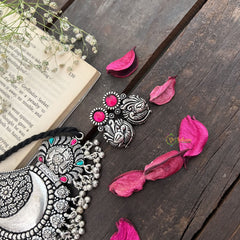 Vriksham Designer Silver Look Alike Dual Peacock Choker Oxidized Silver Neckpiece-S956