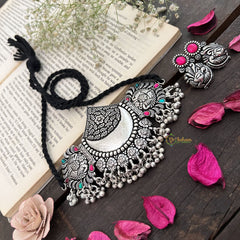 Vriksham Designer Silver Look Alike Dual Peacock Choker Oxidized Silver Neckpiece-S956