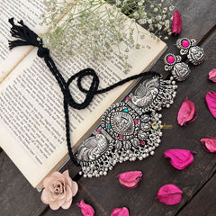 Vriksham Dual peacock Lakshmi Temple Choker in Oxidized Silver & Black Beaded Neckpiece-Red Green-S944