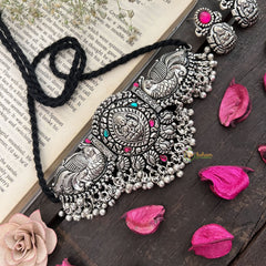 Vriksham Dual peacock Lakshmi Temple Choker in Oxidized Silver & Black Beaded Neckpiece-Red Green-S944