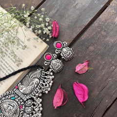 Vriksham Dual peacock Lakshmi Temple Choker in Oxidized Silver & Black Beaded Neckpiece-Red Green-S944