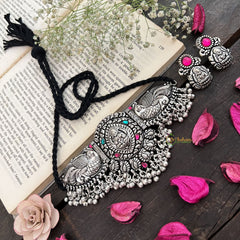Vriksham Dual peacock Lakshmi Temple Choker in Oxidized Silver & Black Beaded Neckpiece-Red Green-S944