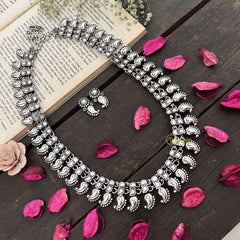 Vriksham Paisley Statement Jewelry Oxidized Silver Long Haram-S966