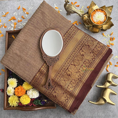 Wood Colour Kanchi Cotton Saree with Thick Golden Border - Handloom - VS3696