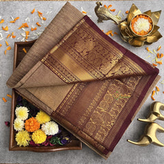 Wood Colour Kanchi Cotton Saree with Thick Golden Border - Handloom - VS3696