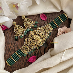 Vriksham Five Layer Jadau Kundan Lakshmi High Neck Choker-Green Bead-J3003