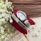 Vriksham Luxury Silver Snake Wrap Watch for Women Oval White Dial Watch-G21968